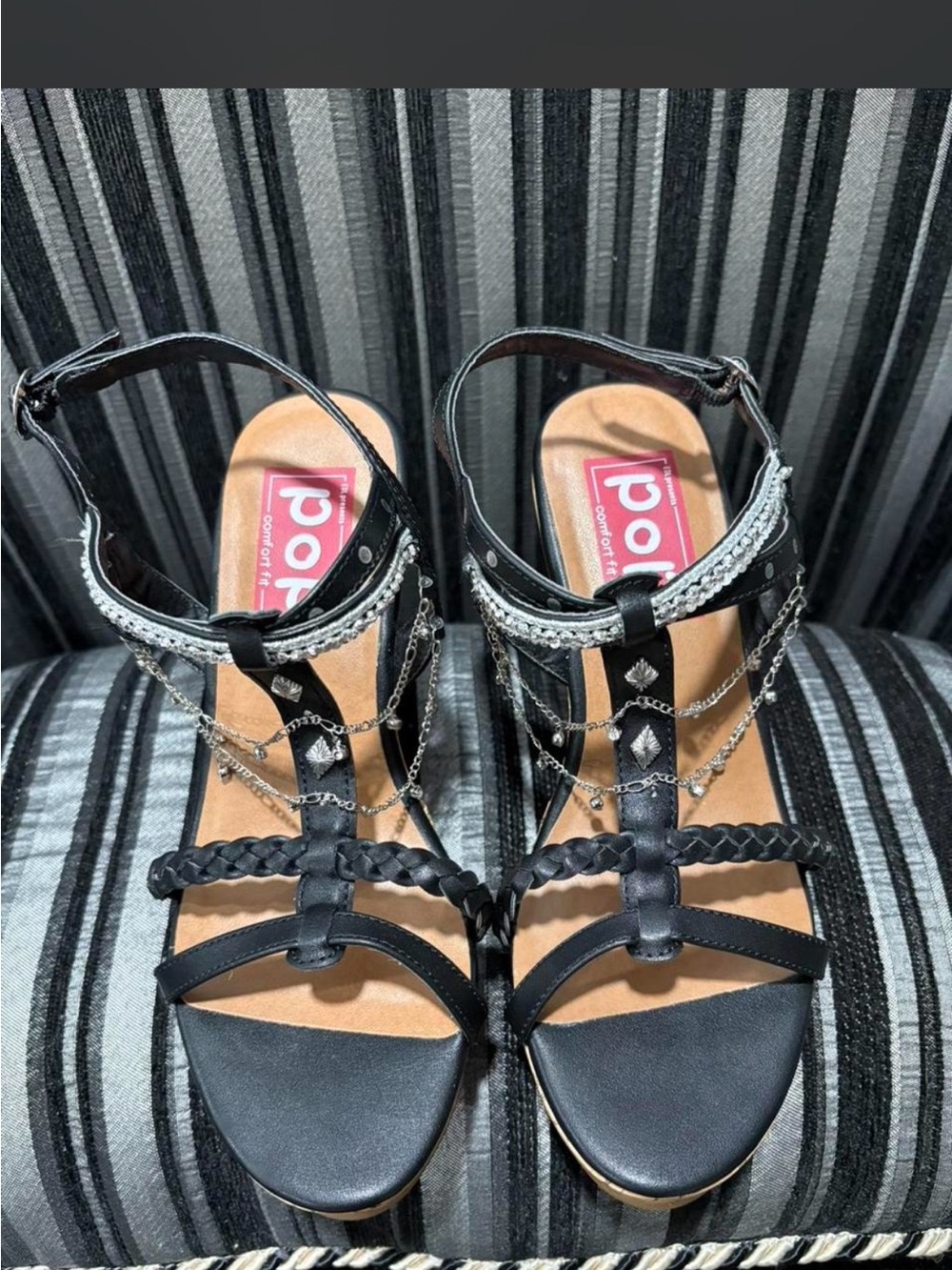 Black Braided T-Strap Sandals with Silver Chain Accents